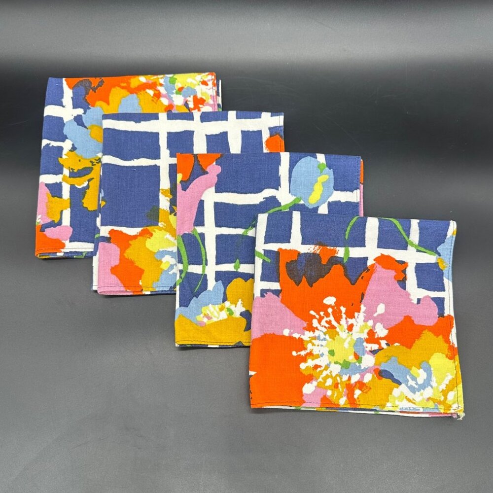 Vintage Napkins Bold Floral Handmade Blue White Grid Orange Pink Set of 4